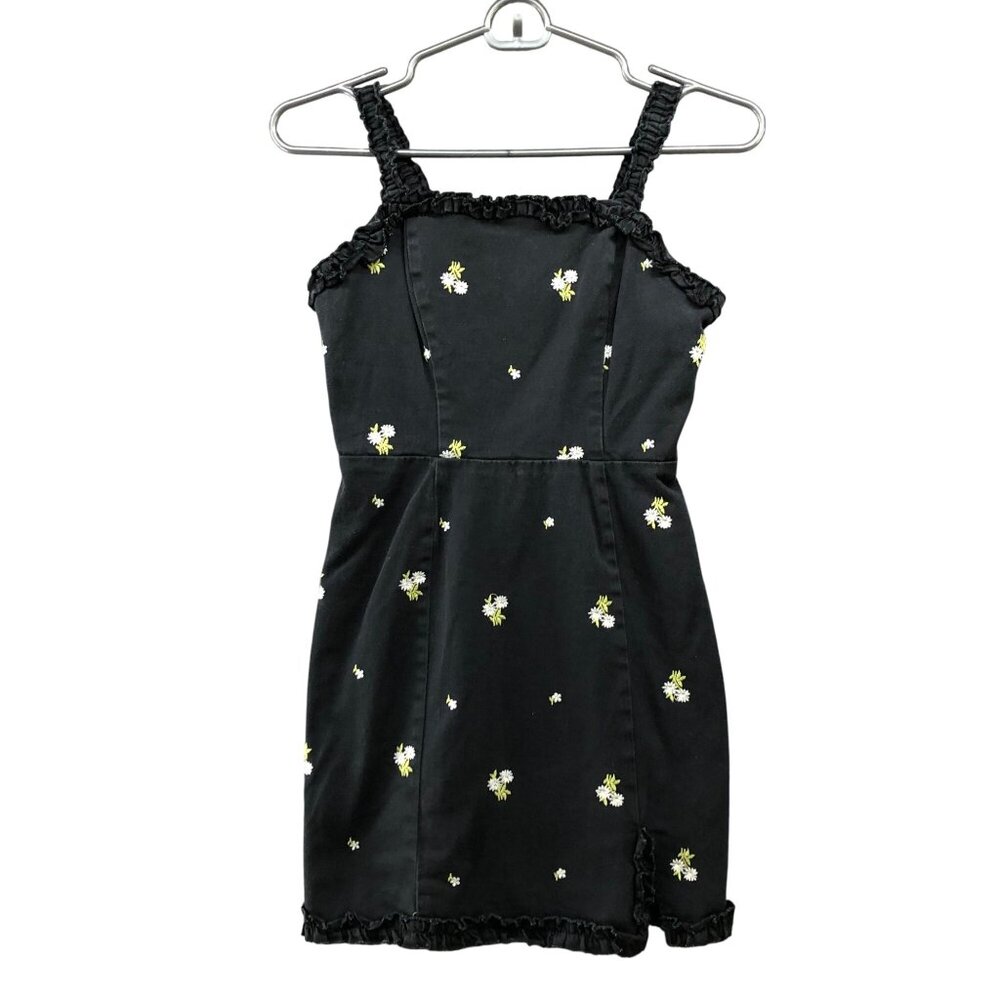 Urban Outfitters Wren Embroidered Ruffle Mini Dress XS Black Cotton Blend Cami